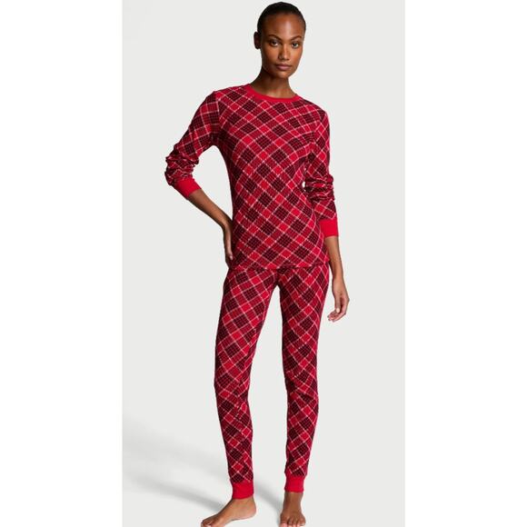 Victoria's Secret Thermal Pajama Set Red Plaid Jogger Long Sleeve Holiday Size S - Picture 1 of 9